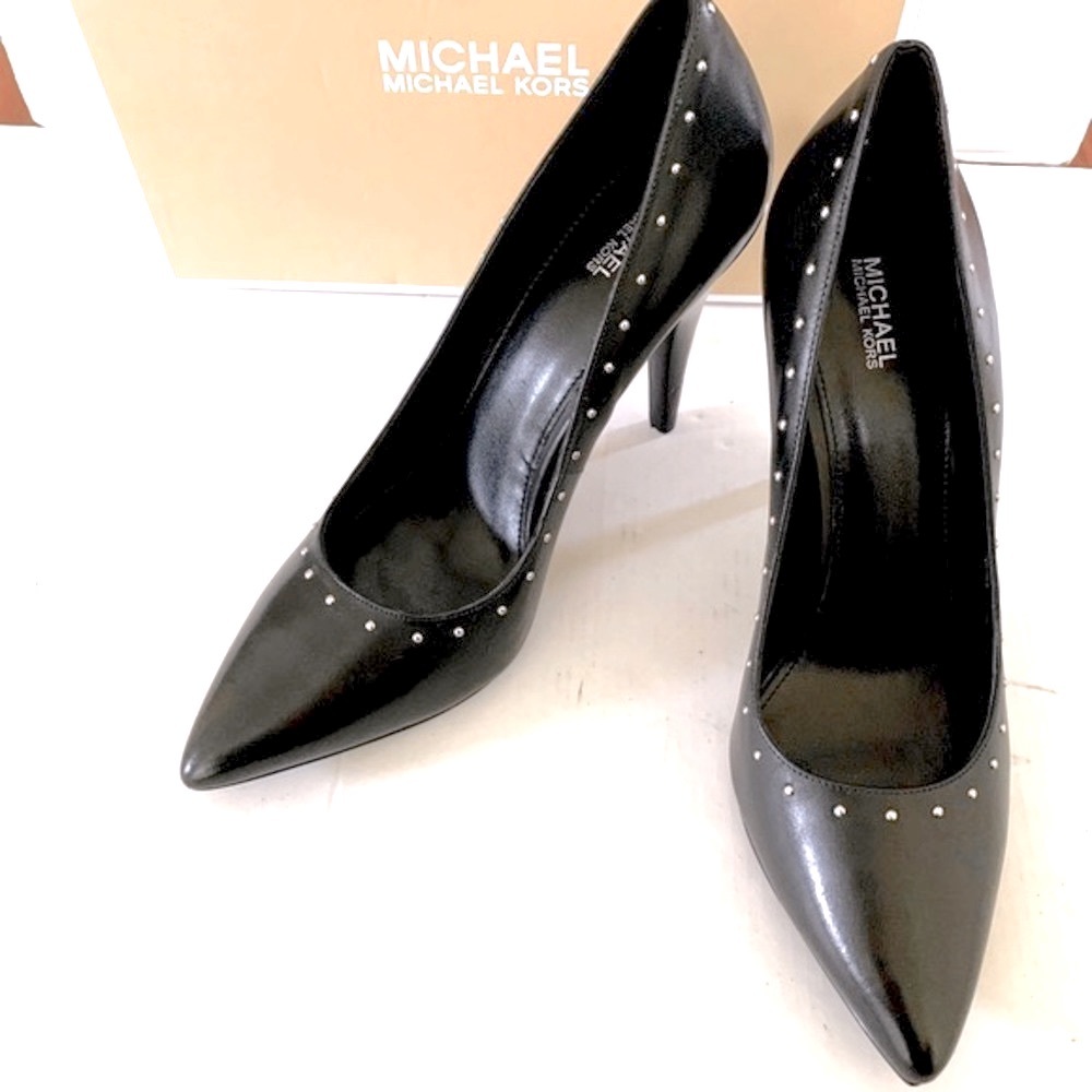 Michael Kors shiny black real leather shoes metal studs metal logo heel cap US10